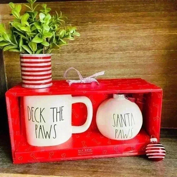NEW - Rae Dunn - SANTA PAWS - CUTE Ceramic Coffee Mug & Christmas Ornament Set - Picture 1 of 9